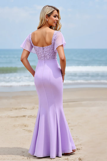Lilas en mousseline de soie Flutter manches fourreau longue robe de demoiselle d’honneur avec appliques